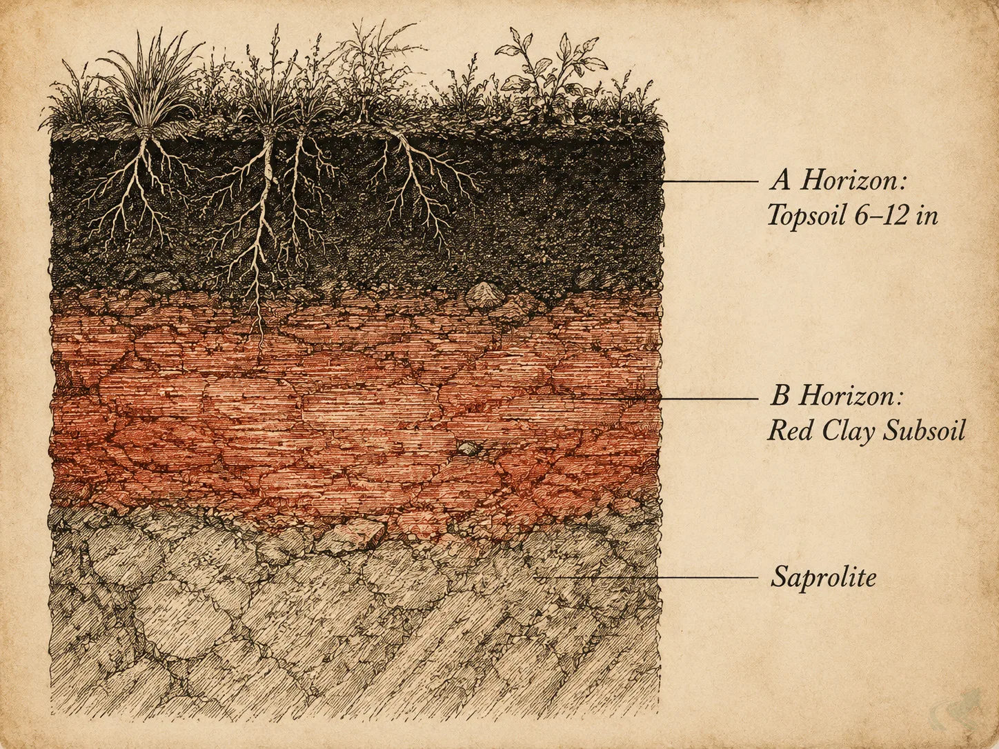 Vintage engraving cross-section of NC soil showing the dark A-horizon topsoil layer above the red clay B-horizon subsoil and saprolite beneath.