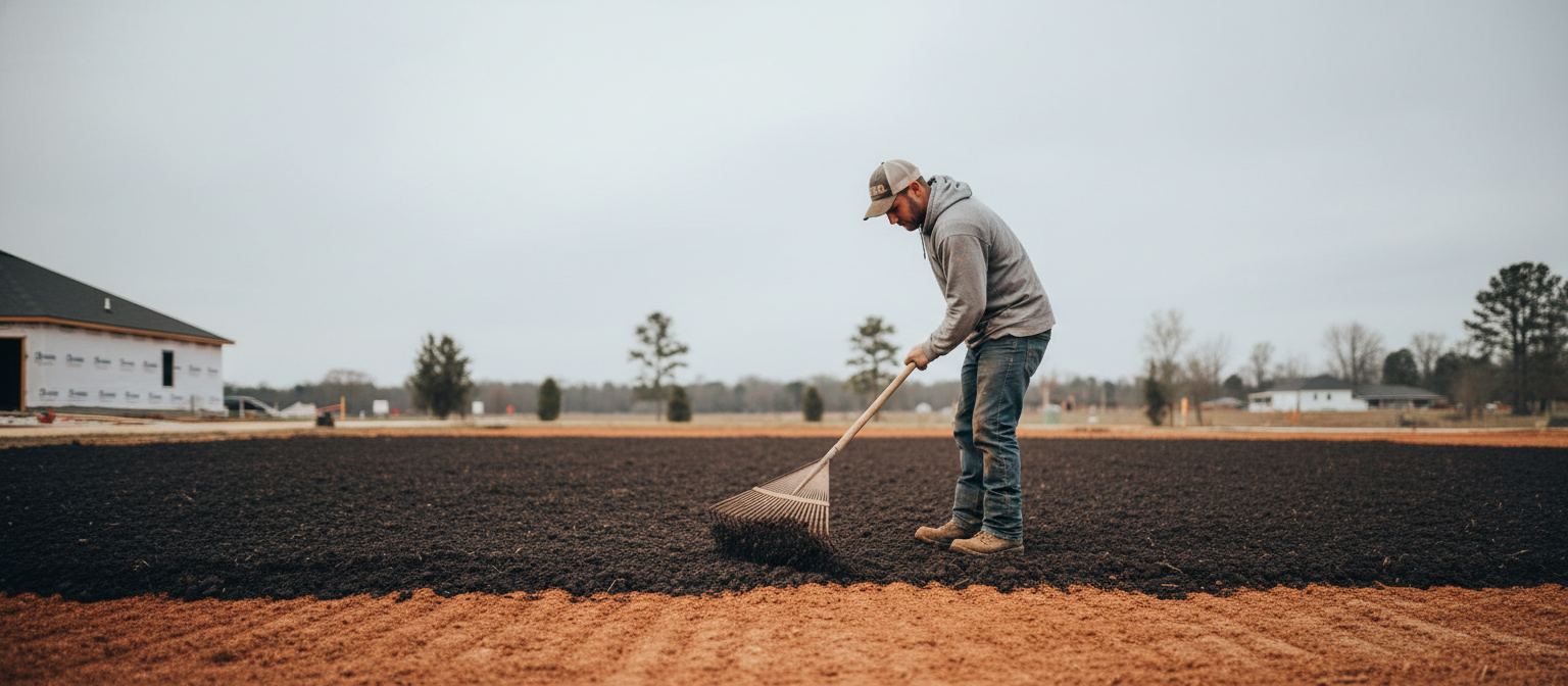 NC topsoil vs fill dirt dark layer spread over compacted red clay base.