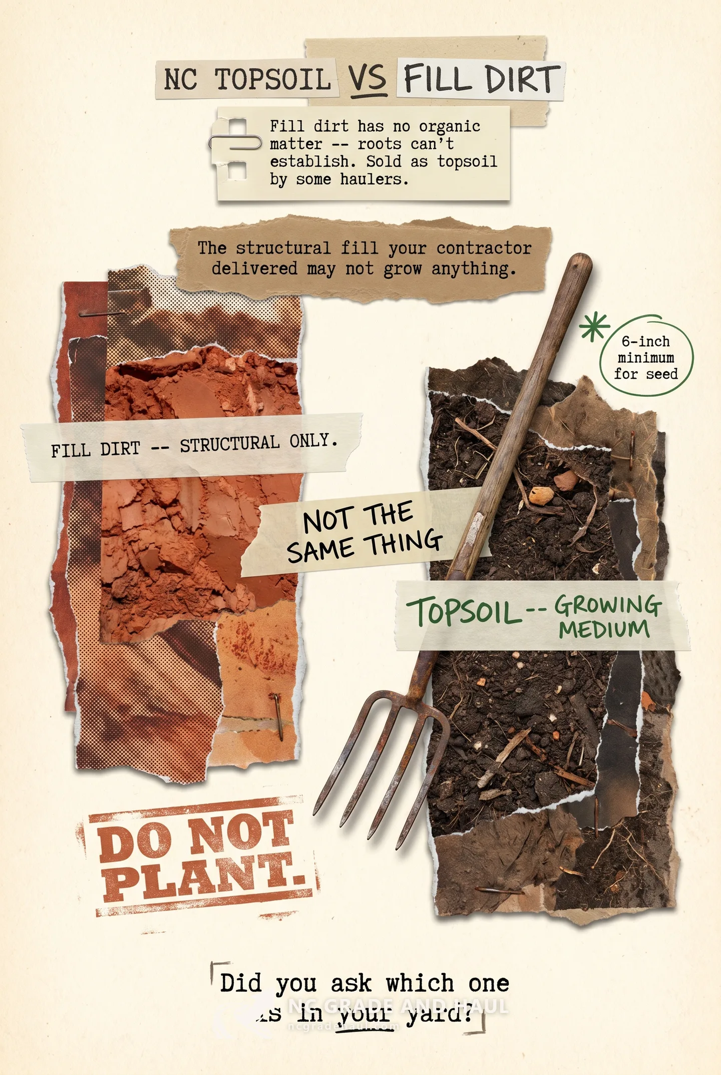 Topsoil vs fill dirt in NC: structural fill is not a growing medium. The problem of fill sold as topsoil, what to test for, and why nothing grew in your raised beds.