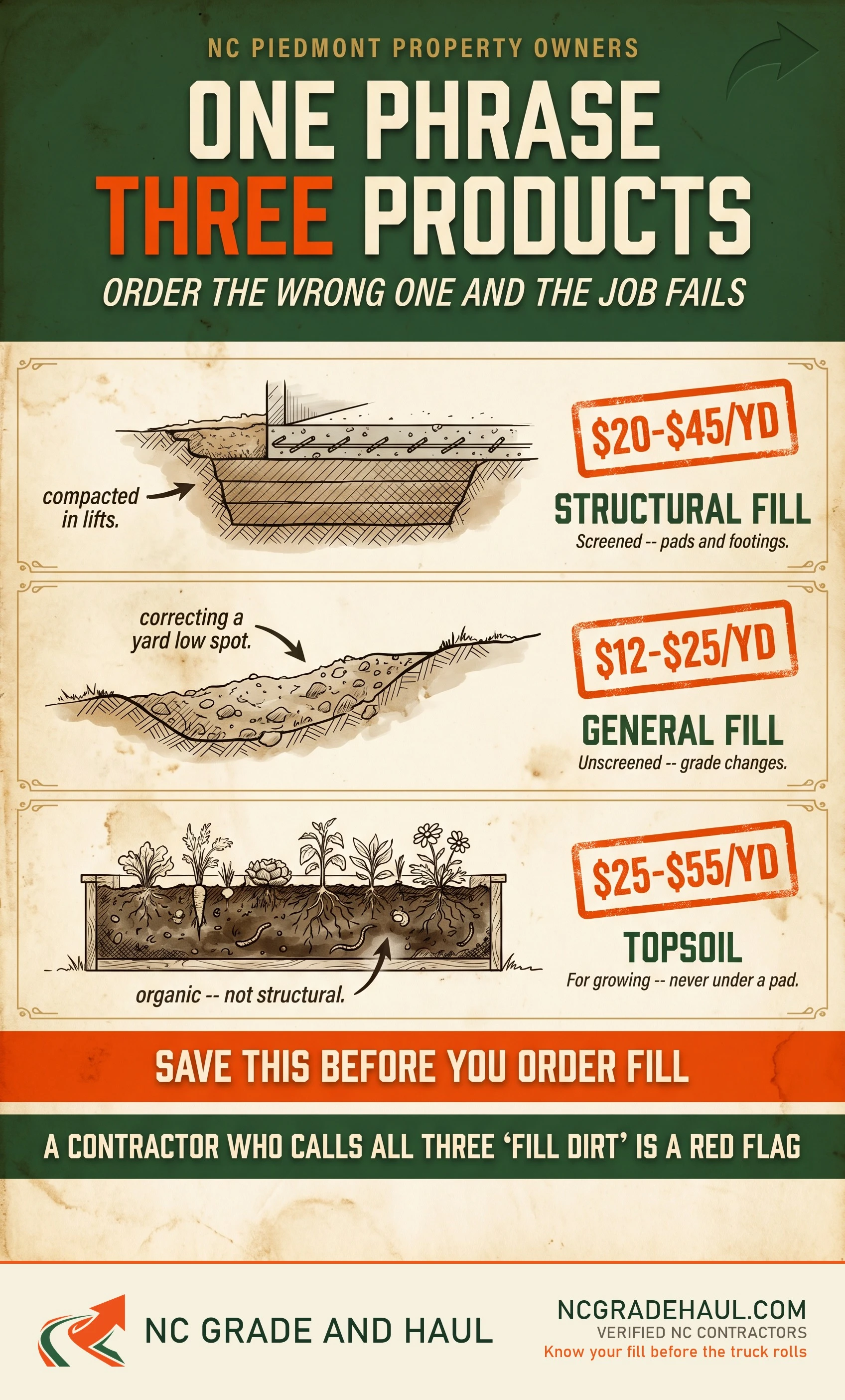 Whats the difference between fill dirt and topsoil - NC Grade and Haul infographic.