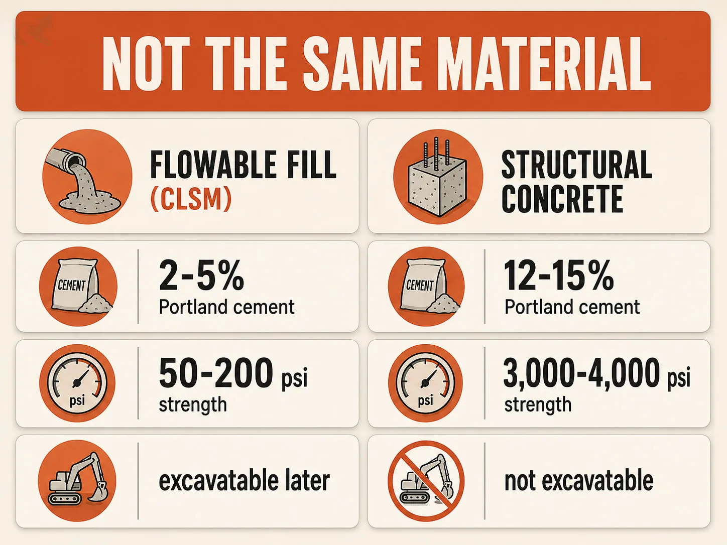 Bento-grid comparison of flowable fill CLSM versus structural concrete: left panel shows 2-5 percent Portland cement and 50-200 psi strength; right panel shows 12-15 percent and 3,000-4,000 psi, illustrating the fundamental difference in material purpose.