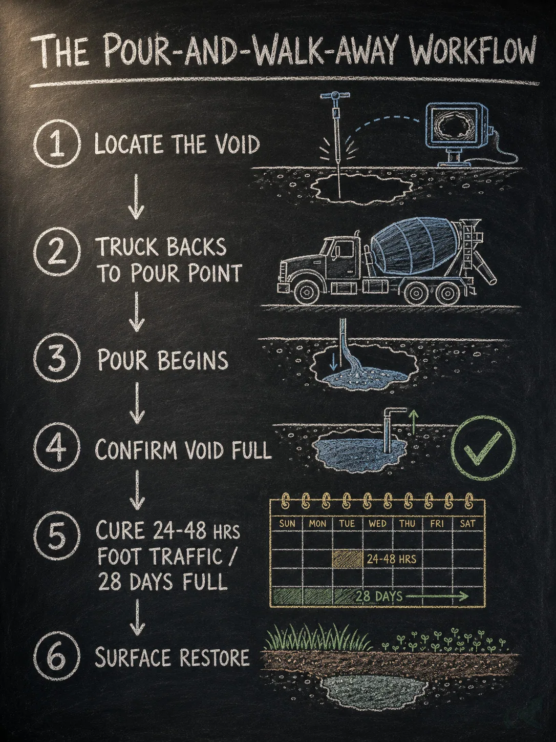Chalkboard-style diagram of the six-step flowable fill pour workflow: locate void, position ready-mix truck, begin pour, confirm void is full, cure 24-48 hours for foot traffic and 28 days full, then restore the surface.