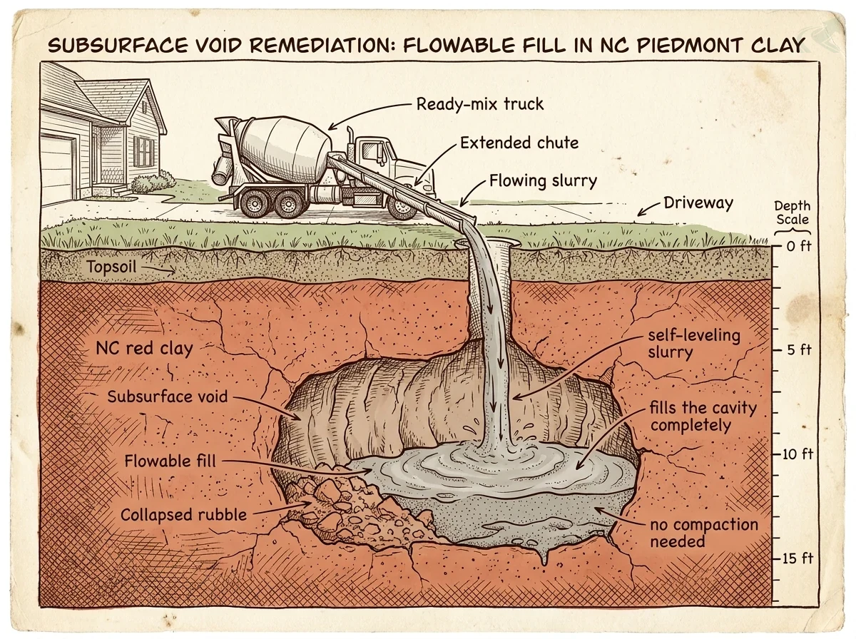 Hand-drawn cross-section diagram: a ready-mix truck delivers grey flowable-fill slurry down an extended chute, through a topsoil layer and a thick band of NC red clay, into a subsurface void with collapsed rubble at its base -- the self-leveling slurry pools and fills the cavity completely, with a depth scale running from 0 to 15 feet.