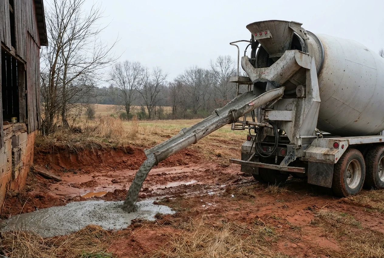 A ready-mix truck with its chute extended pouring a stream of grey self-leveling flowable fill into a depression at the edge of a barn foundation on a rural Piedmont NC site with red clay soil visible.