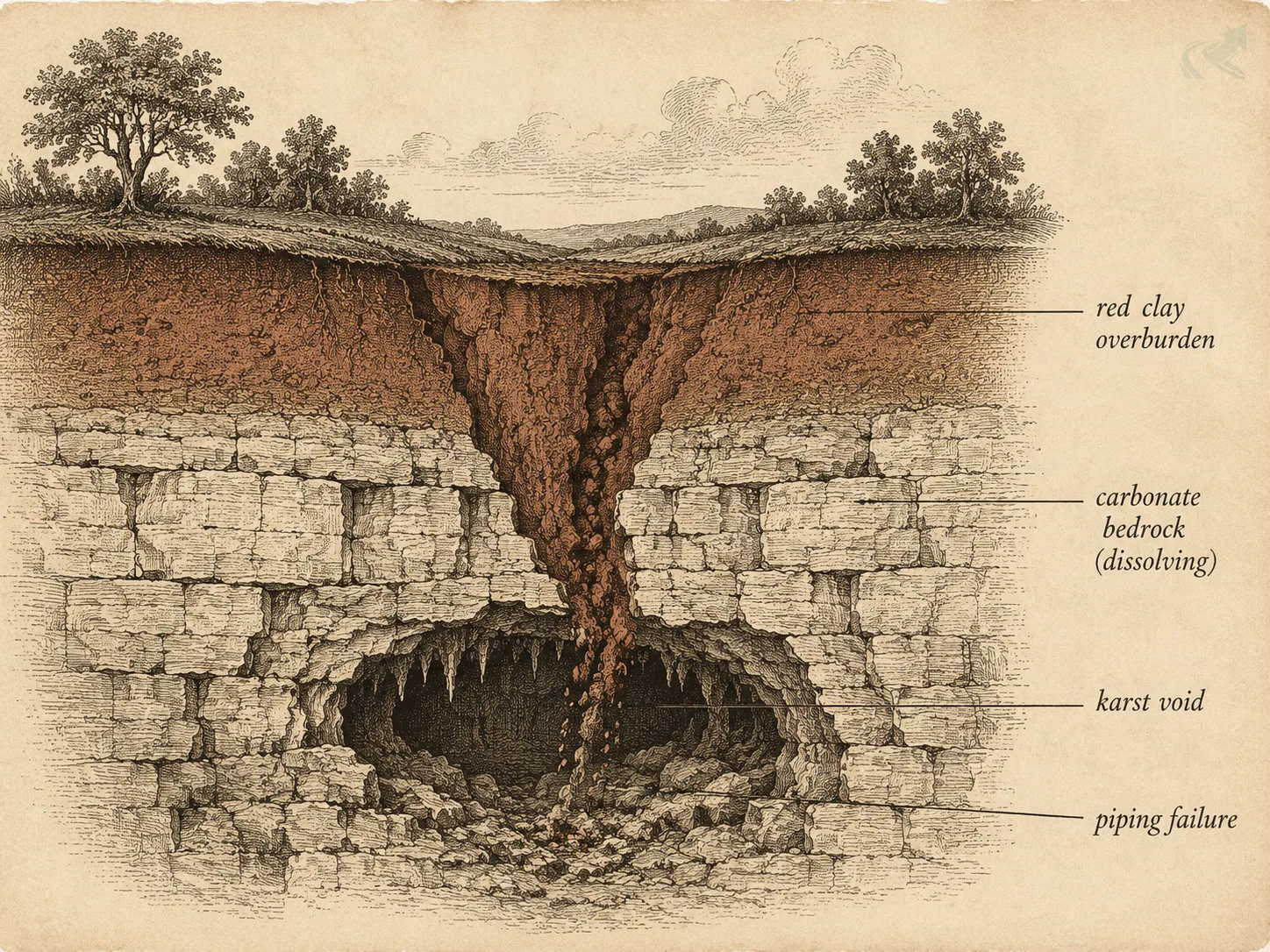 Cross-section diagram showing NC Piedmont geology: red clay overburden over fractured limestone bedrock with a karst void forming and clay piping downward.