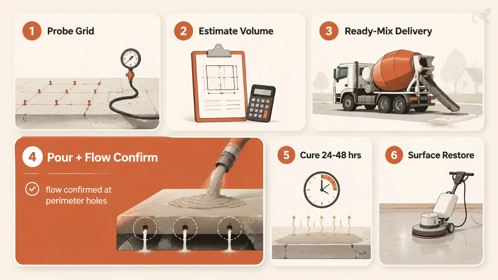 Six-step bento-grid showing flowable fill sinkhole repair sequence: probe grid, estimate volume, ready-mix delivery, pour with flow confirmation, cure period, surface restoration.