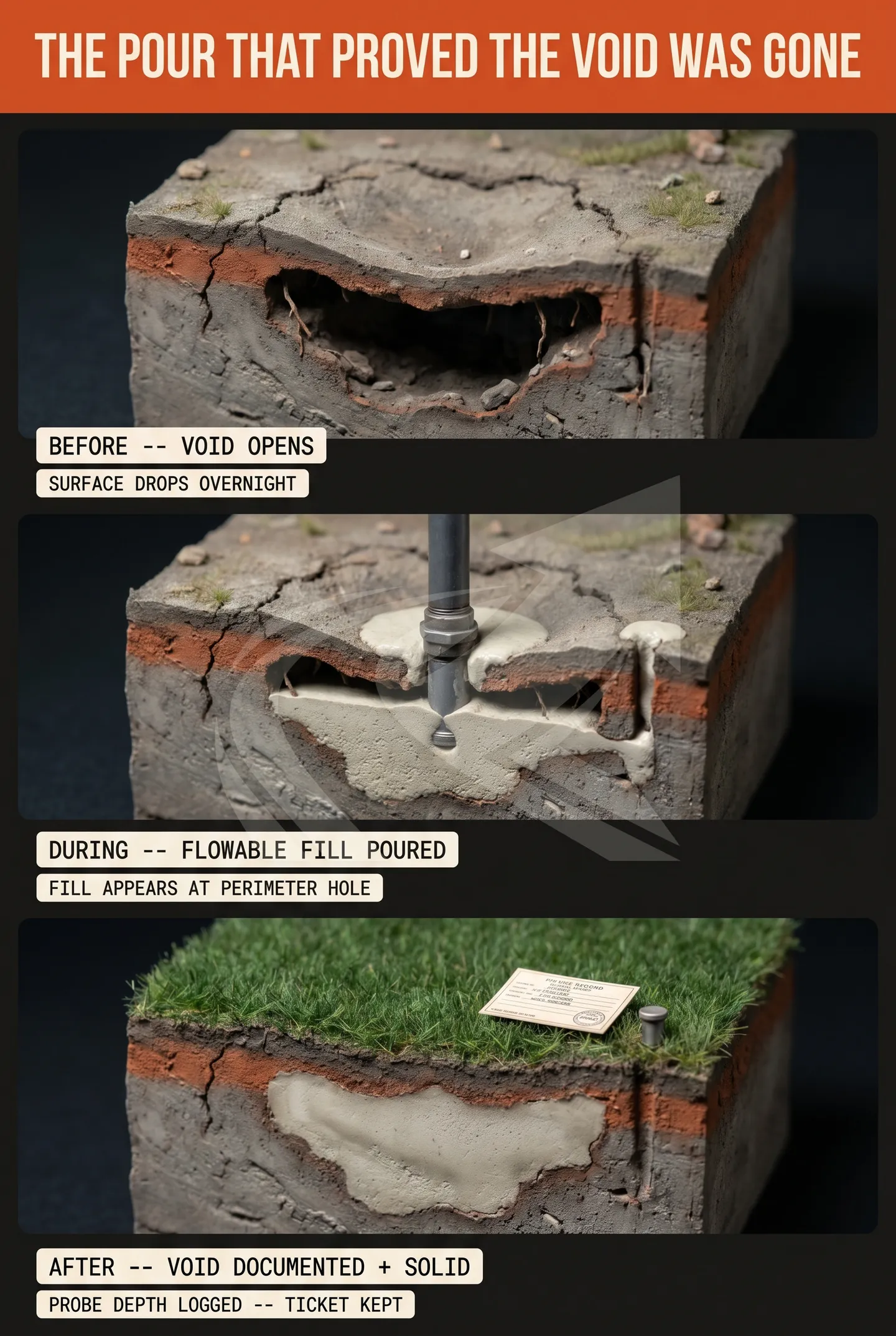 Infographic walking through an NC sinkhole repair timeline with flowable fill, from discovery and probing to the pour and surface restoration.