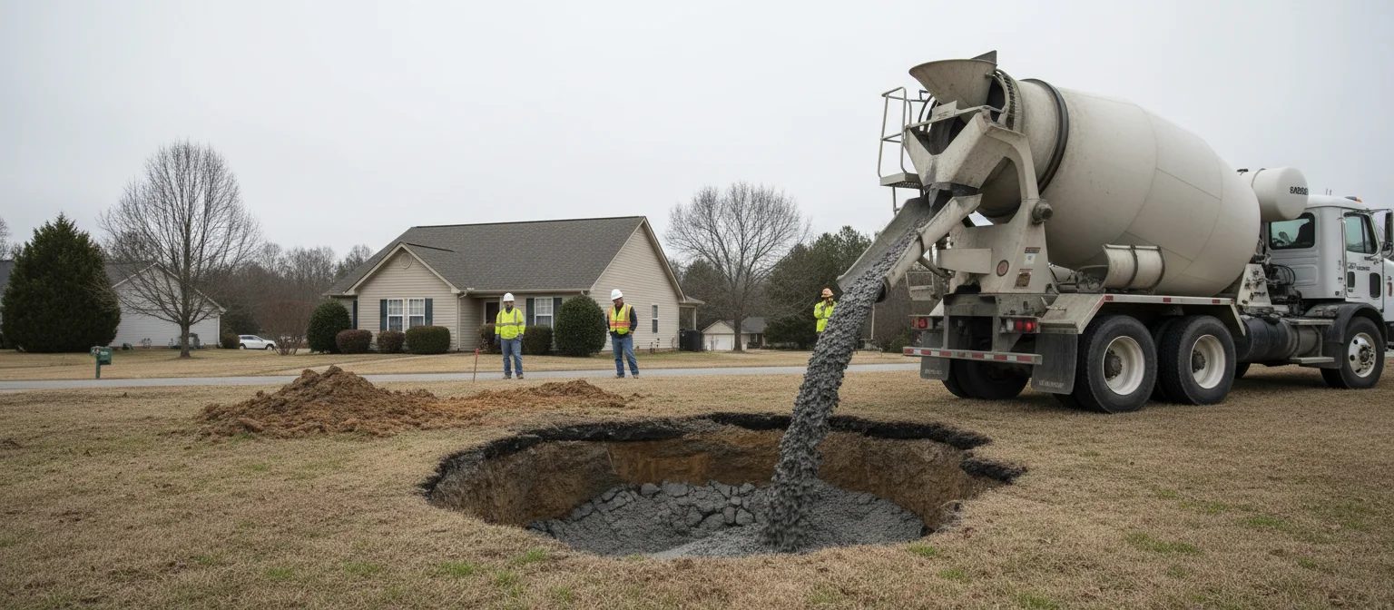 NC sinkhole repair flowable fill pour filling void in residential yard.