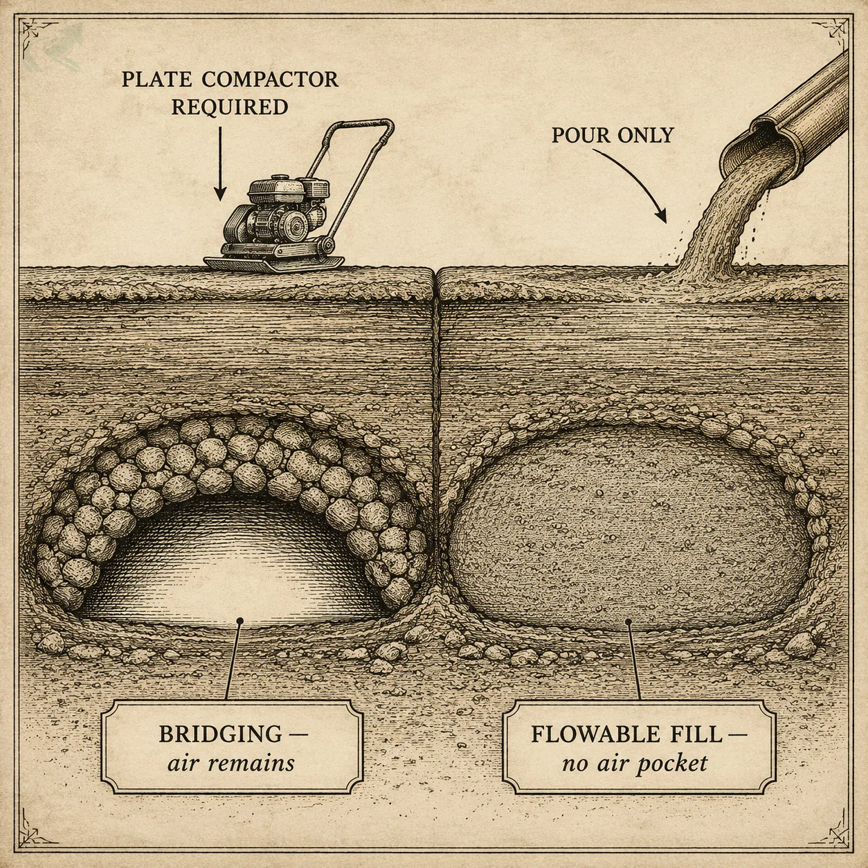 Field-guide engraving cross-section showing stone aggregate bridging over a void on the left versus flowable fill (CLSM) completely filling the same void on the right, with labels indicating compaction access requirement.