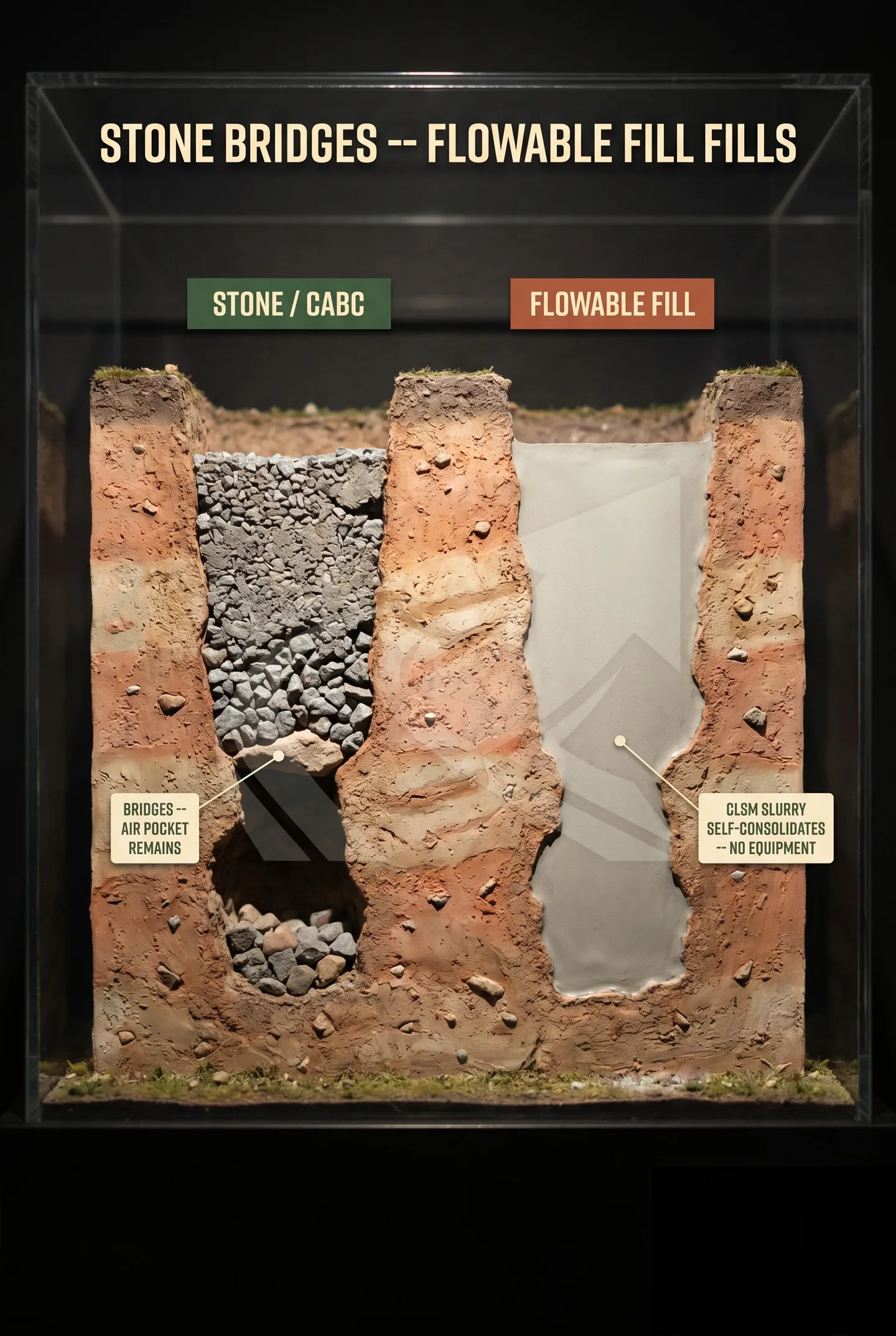 Infographic comparing flowable fill vs compacted stone/CABC for void repair in NC, showing when access constraints make flowable fill the only real option.