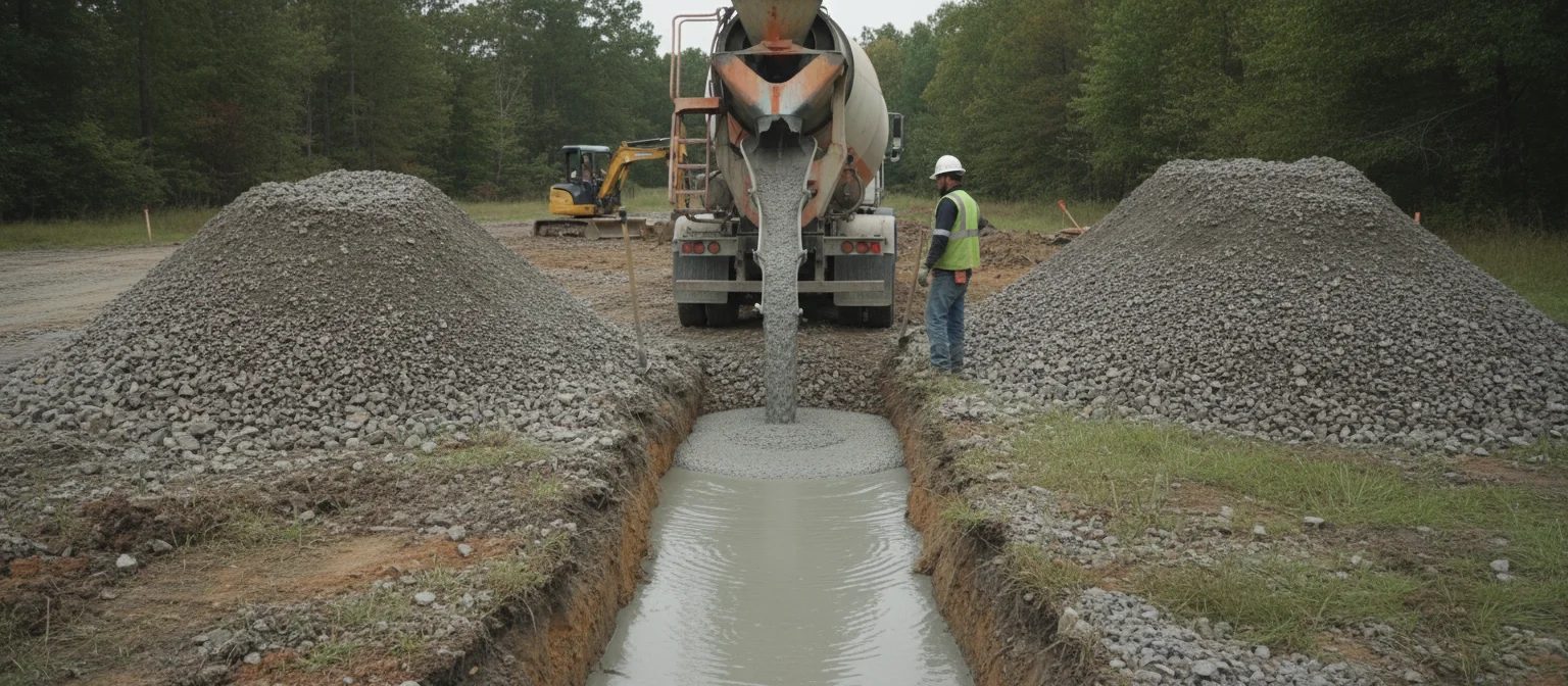 NC flowable fill vs CABC stone trench pour with crushed aggregate staged nearby.