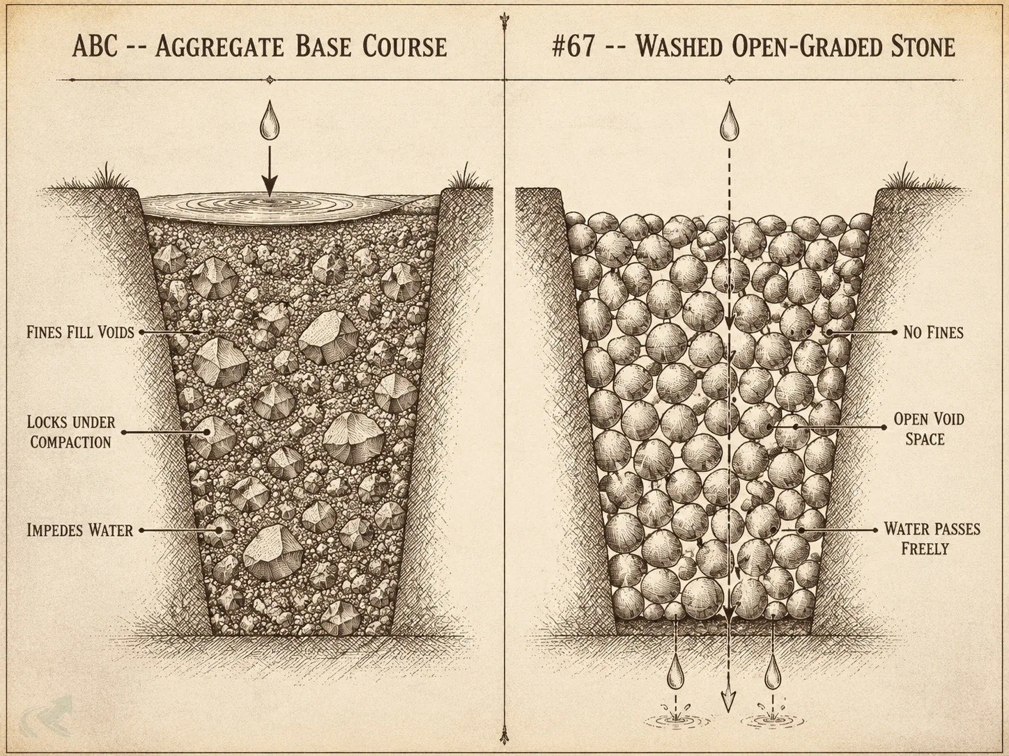 Vintage field-guide cross-section comparing two gravel trenches: ABC on the left packed with fines filling every void, water pooling on top; #67 on the right showing open uniform stone with void space, water draining freely through