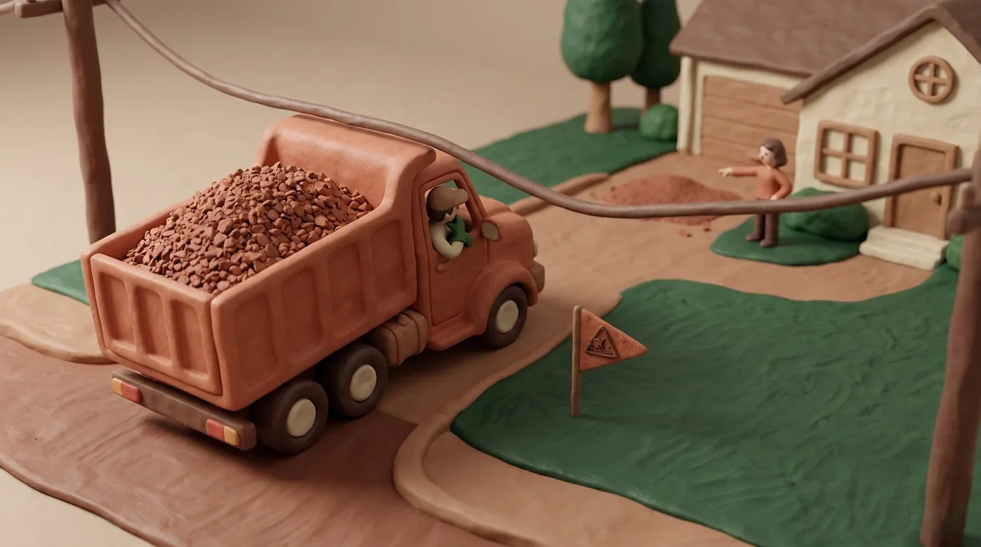 Claymation delivery scene: a loaded dump truck pauses under a low-hanging power line while a soft-ground warning flag marks wet lawn and a homeowner gestures to the drop spot near the garage