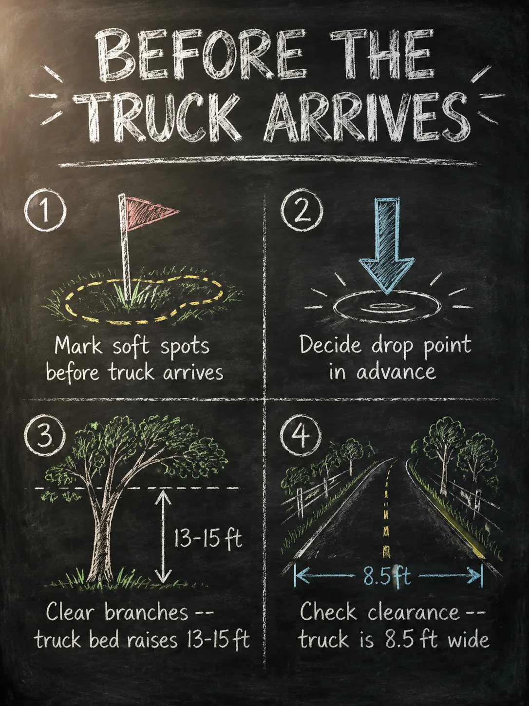 Chalkboard diagram showing 4 delivery prep steps: mark soft spots, decide drop point, clear branches for 13-15 ft height, check 8.5 ft width clearance.