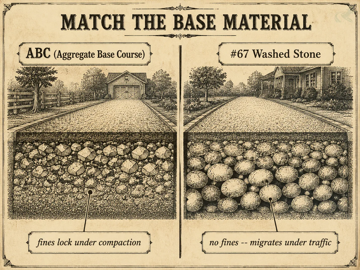Vintage engraving cross-section comparison: left panel shows ABC gravel with fines that lock under compaction; right panel shows washed #67 stone with gaps that migrates under traffic.