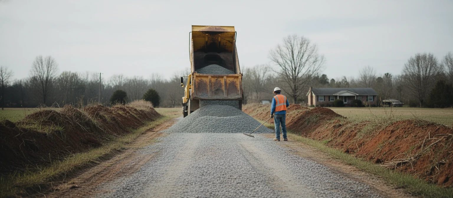 NC gravel delivery driveway top-up fresh stone spread over bare worn surface.
