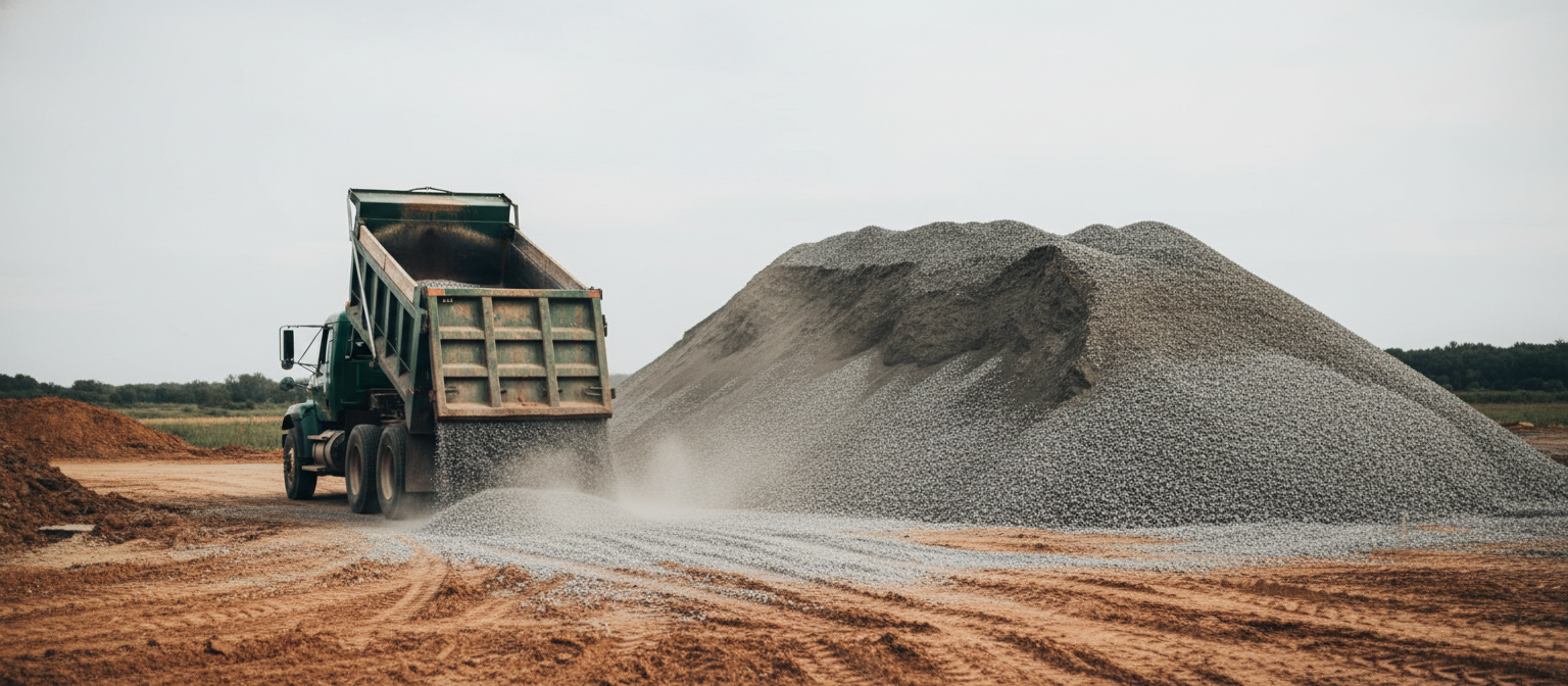NC gravel delivery dump truck raising bed over ABC stone stockpile.