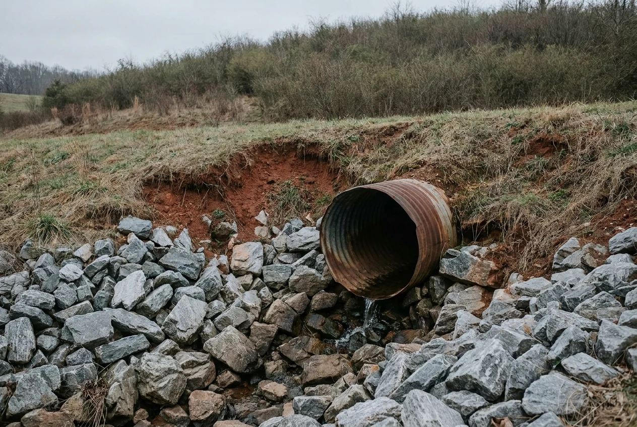 Angular grey rip-rap stone armoring the outlet of a corrugated metal culvert pipe on a rural NC property, placed at the toe of a grassy earthen slope with a red clay hillside behind.