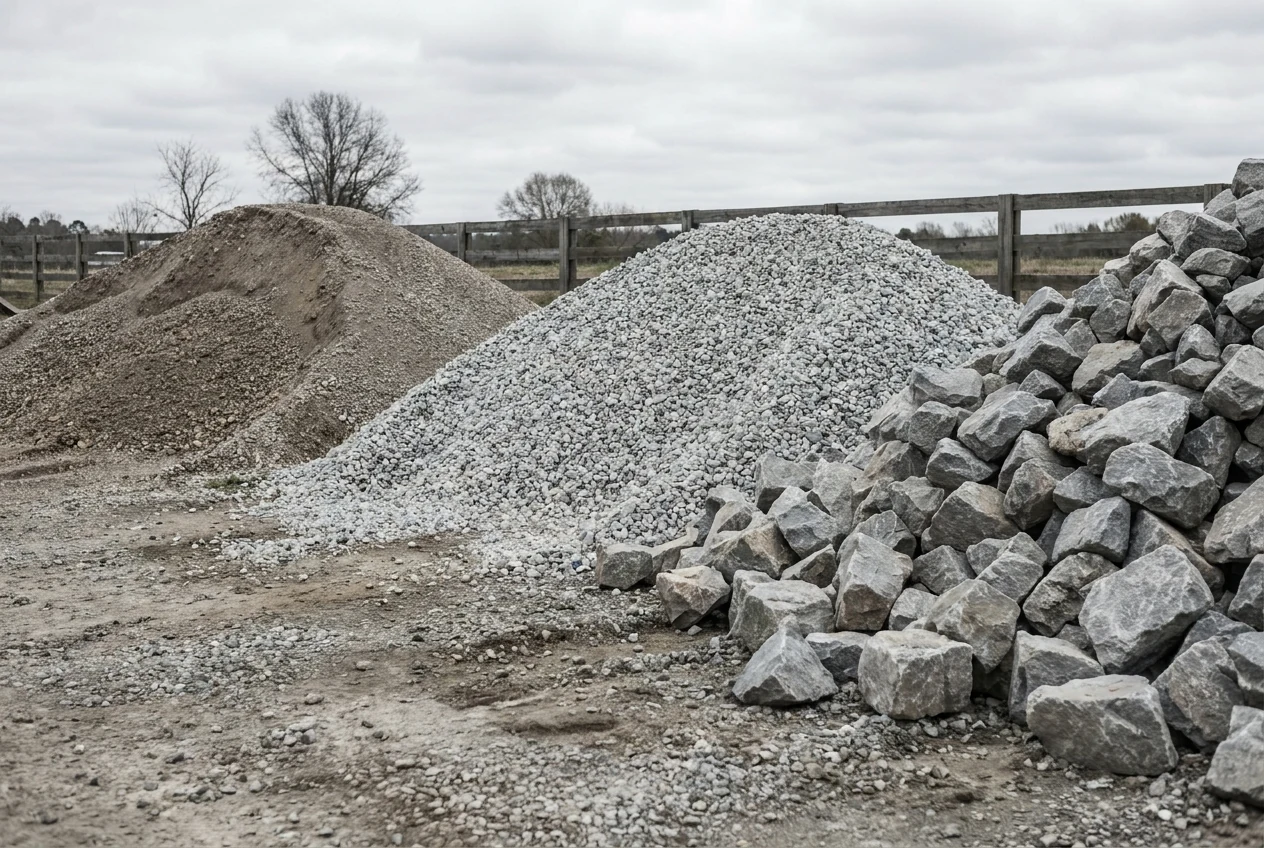 Three separate piles of aggregate side by side at a gravel yard: dusty fine-grained ABC crusher-run on the left, clean uniform washed stone in the center, and large angular grey rip-rap rock on the right.
