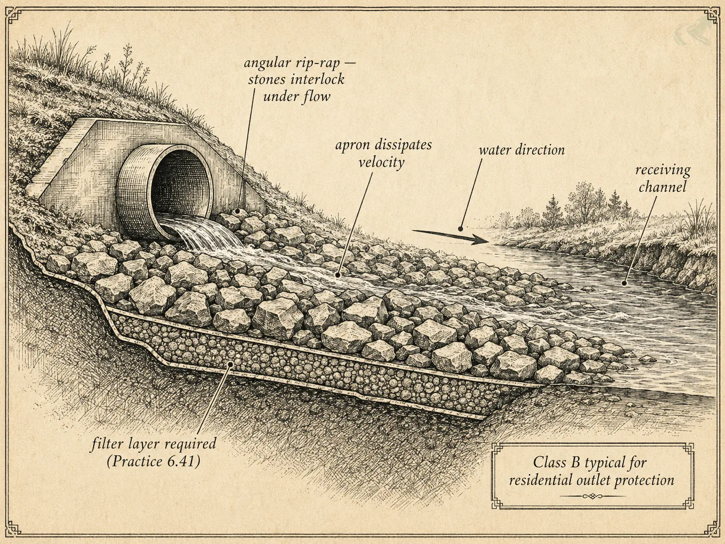 Field-guide cross-section etching of a culvert outlet protection apron showing angular rip-rap stones interlocked over a filter layer, with labeled leader lines identifying each component.