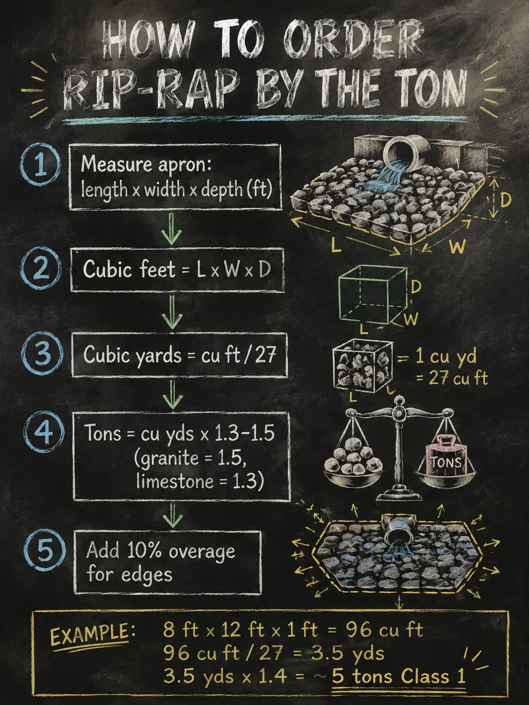 Chalkboard diagram showing five hand-lettered steps to calculate rip-rap tonnage, with an example calculation for a 15-inch culvert outlet apron yielding approximately 5 tons of Class 1 material.
