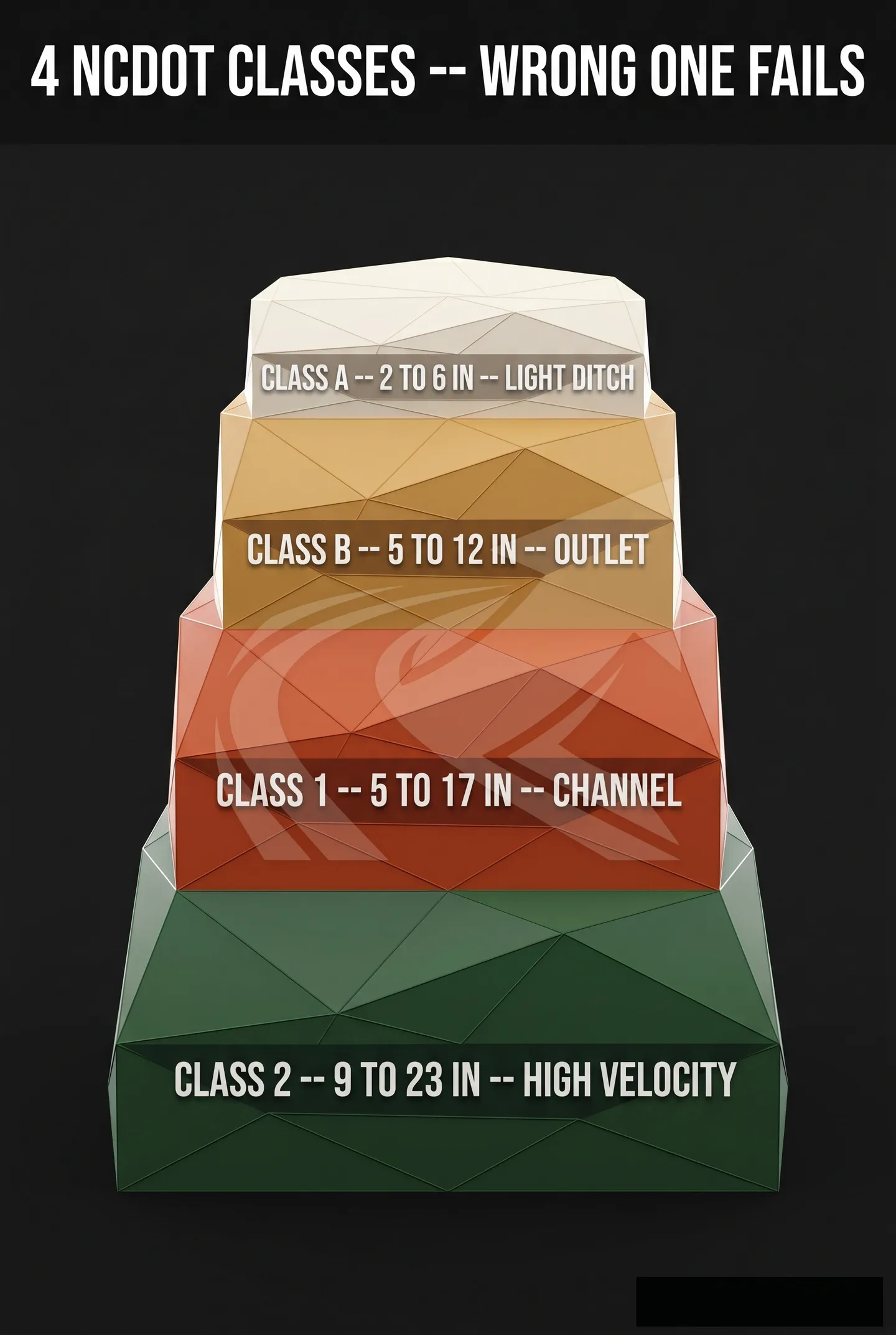 Infographic showing NCDOT rip-rap class sizing for NC erosion control, from Class A light stone to Class 2 heavy rip-rap for high-velocity flows.