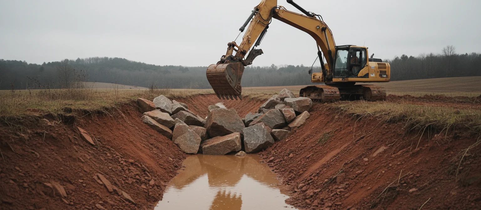 NC rip-rap delivery angular stone armoring eroding ditch bank for erosion control.