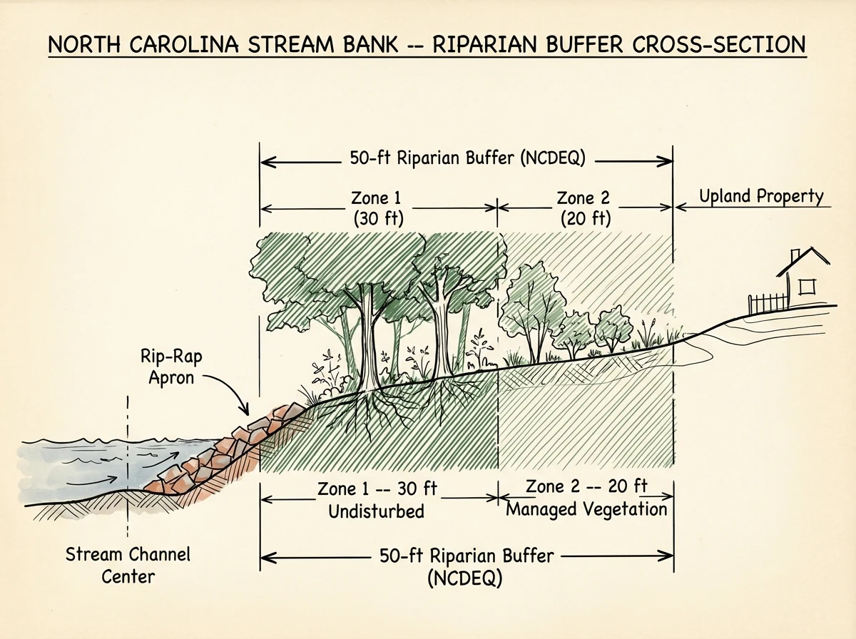 Cross-section schematic of a North Carolina stream bank showing the 50-foot NCDEQ riparian buffer divided into Zone 1 (30 ft, undisturbed) closest to the water and Zone 2 (20 ft, managed vegetation), with a rip-rap apron placed along the stream bank inside Zone 1.