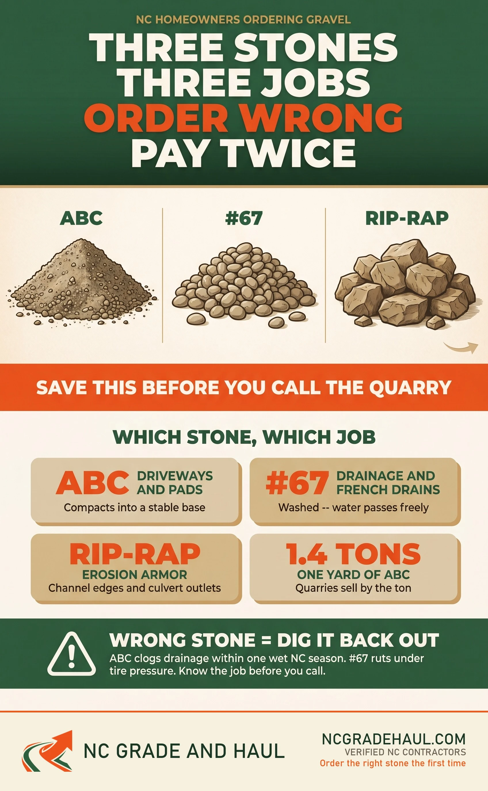 Which gravel do I need ABC 67 or rip rap - NC Grade and Haul infographic.