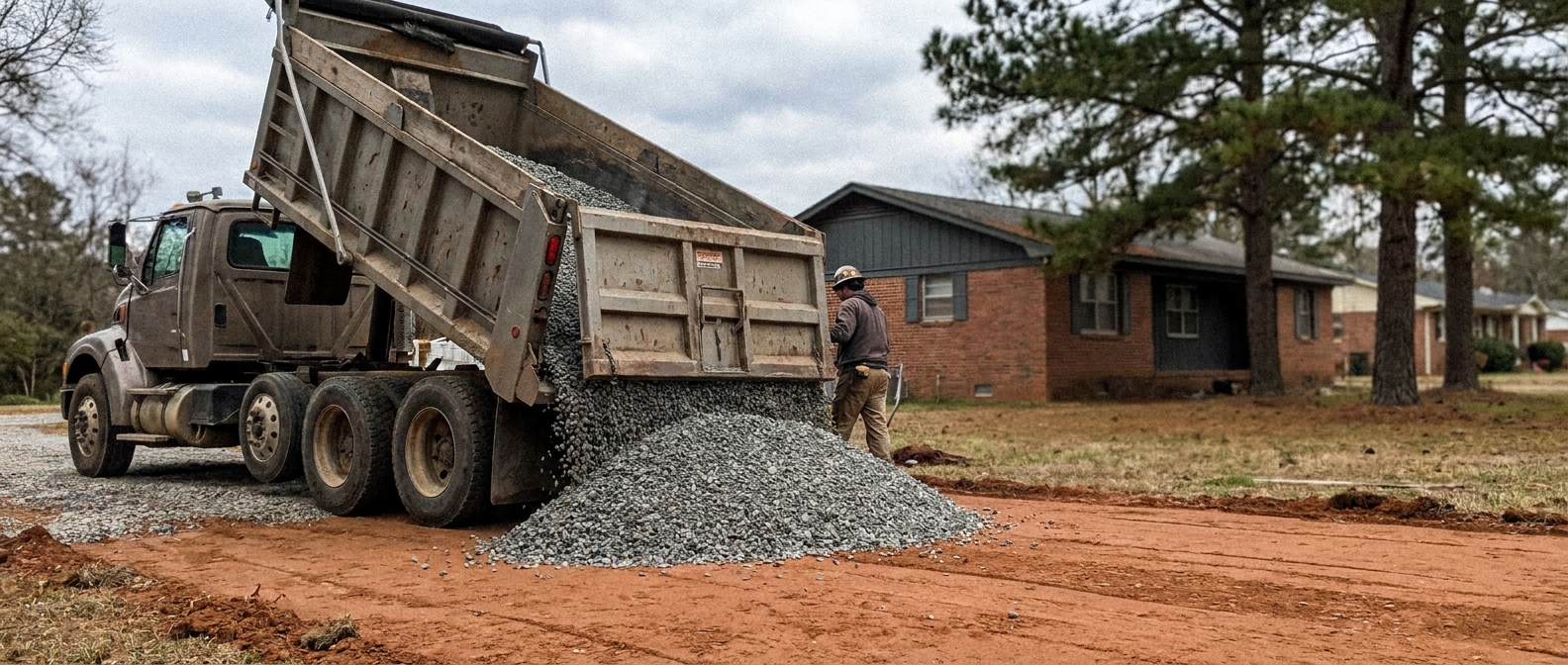 NC material hauling dump truck unloading crushed stone at residential jobsite.