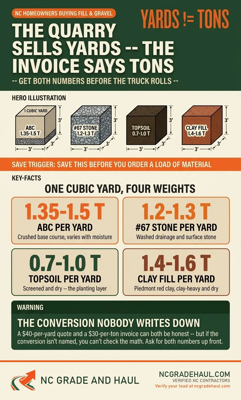 NC Grade and Haul infographic: The quarry sells yards but the invoice says tons -- yards measure volume, tons measure weight. One cubic yard of ABC weighs roughly 1.35 to 1.5 tons, #67 washed stone 1.2 to 1.3 tons, screened dry topsoil 0.7 to 1.0 tons, and clay-heavy Piedmont fill 1.4 to 1.6 tons. If the conversion is not named in the quote, you cannot check the math -- ask for both numbers up front.