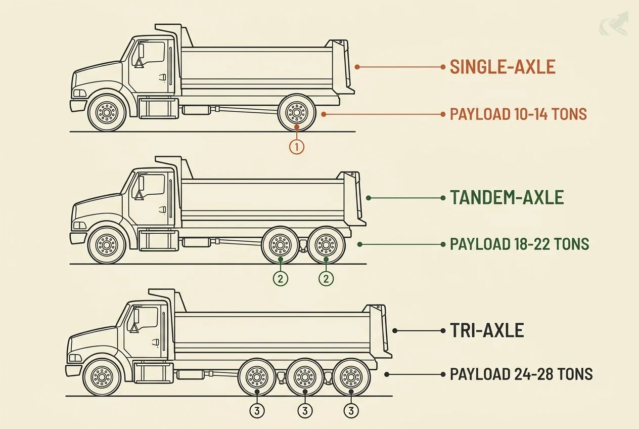 Diagram comparing three dump truck configurations: single-axle with one rear axle carrying 10-14 tons, tandem-axle with two rear axles carrying 18-22 tons, and tri-axle with three rear axles carrying 24-28 tons.