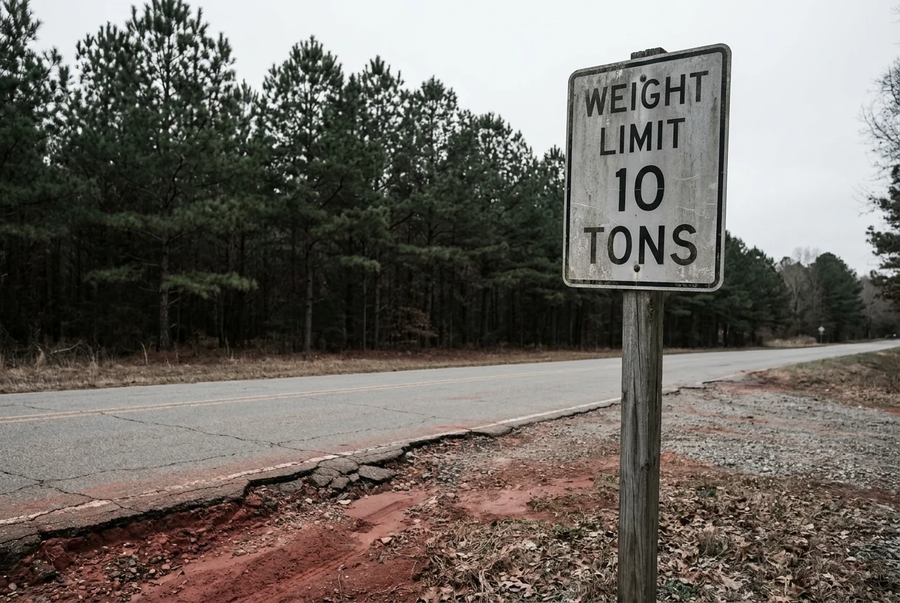 A weathered weight-limit road sign on a wooden post beside a narrow rural NC secondary road, pine trees behind and a red clay shoulder in the foreground.