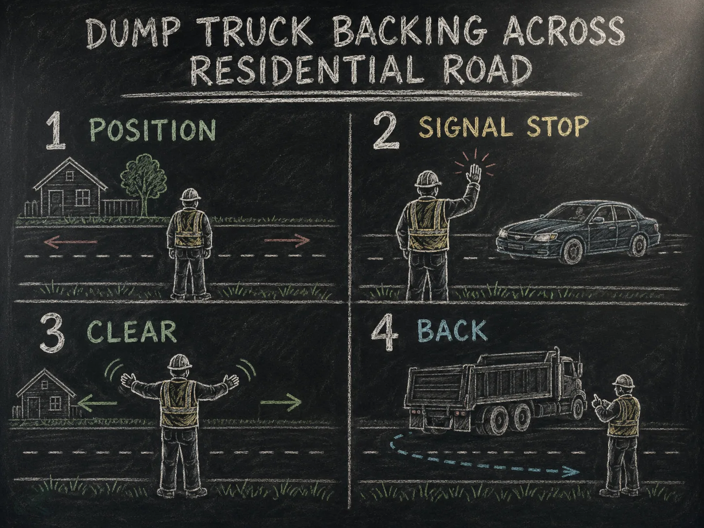 Four-step chalkboard diagram showing a spotter managing a dump truck backing across a residential road: position, signal stop, clear, then back.