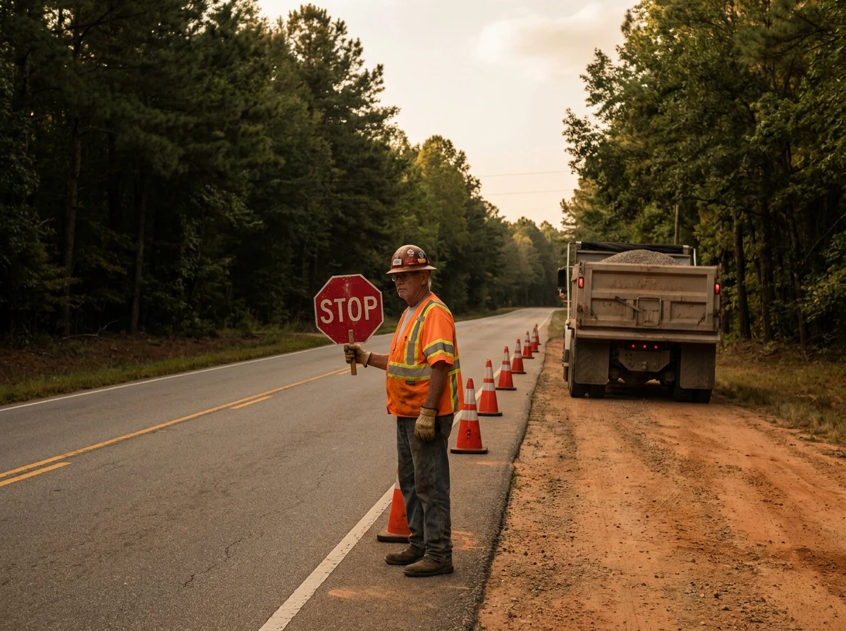 A certified flagger in an ANSI Class 3 high-visibility vest holds a STOP paddle on a rural two-lane North Carolina road, with taper cones and a loaded dump truck visible behind him.