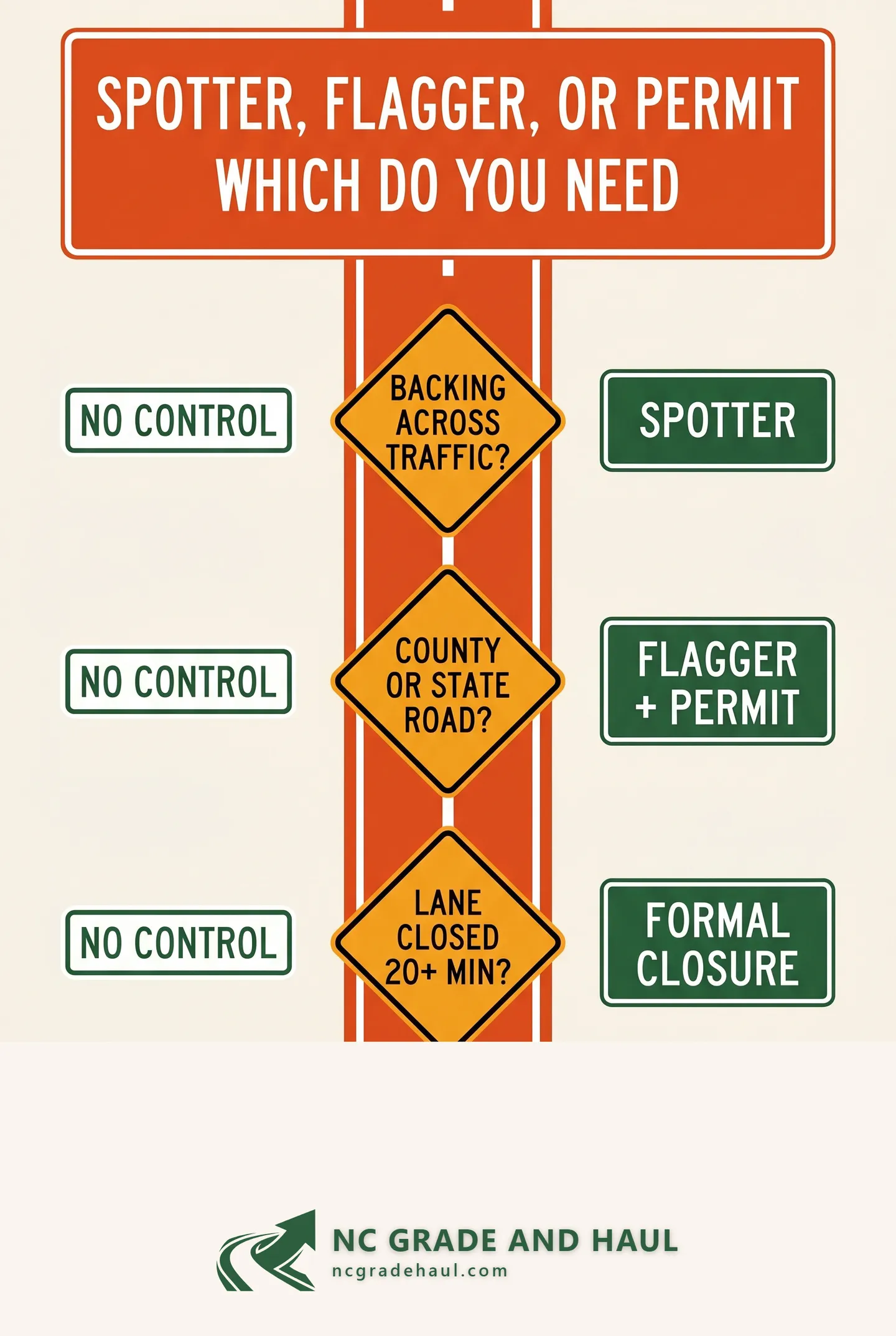Infographic showing when NC hauling deliveries require a spotter, flagperson, or lane closure, and who is responsible for each type of traffic control.