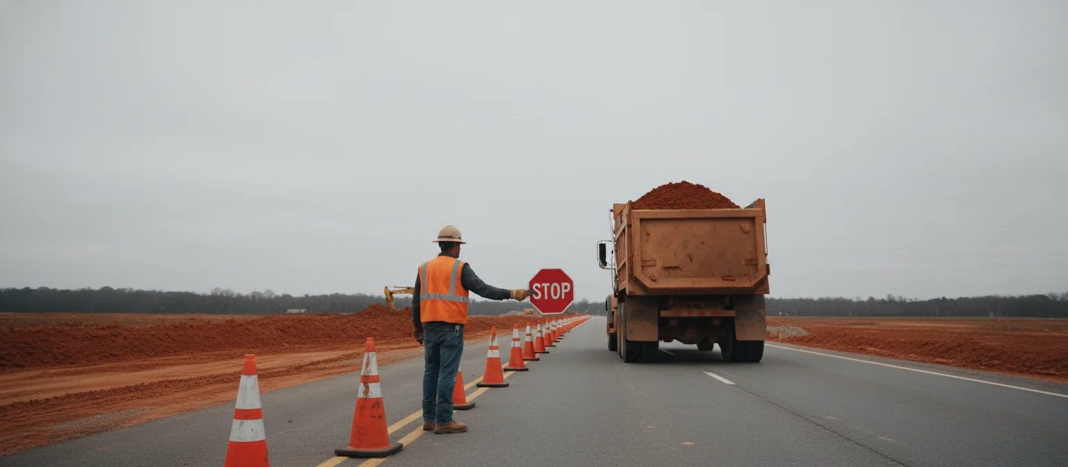 NC hauling traffic control flagger directing dump truck past road cones.