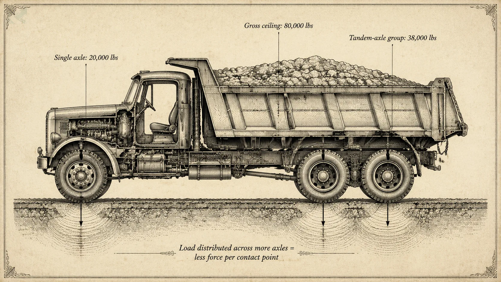 Vintage engraving cross-section of a tandem-axle dump truck with leader lines labeling the single-axle 20,000 lb limit, tandem-axle 38,000 lb limit, and 80,000 lb gross ceiling under NC GS 20-118.