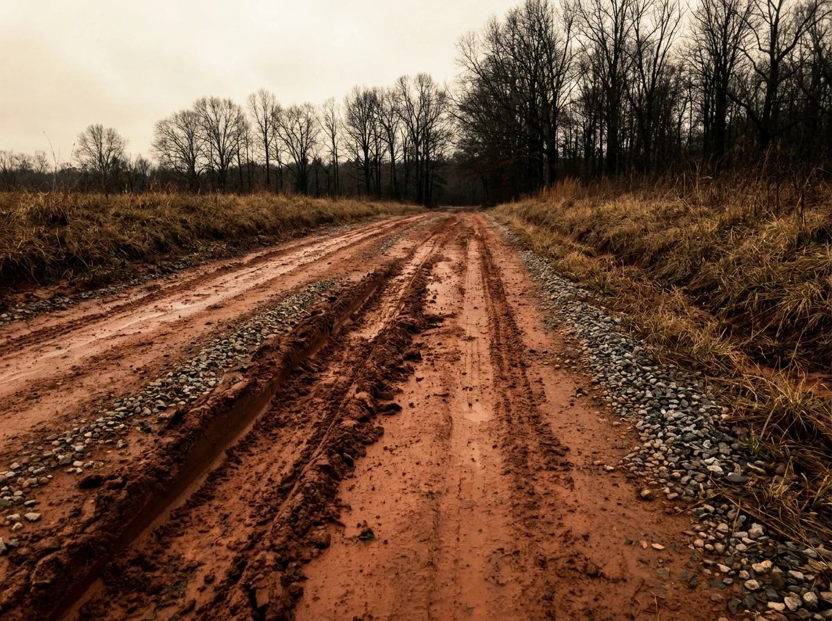 Deep rut tracks cut into damp red clay on a rural North Carolina secondary road, gravel scattered to the shoulders, bare hardwood treeline under a grey late-winter sky.