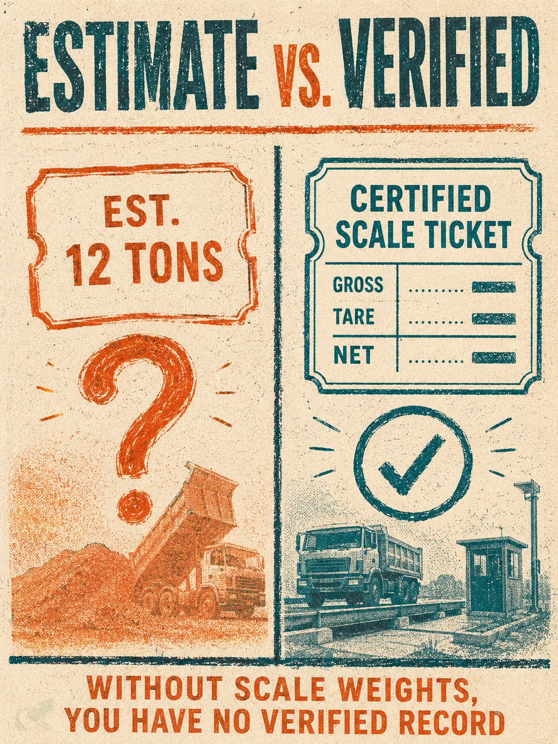 Risograph-style comparison split showing an estimated-quantity ticket on the left versus a certified scale ticket on the right.