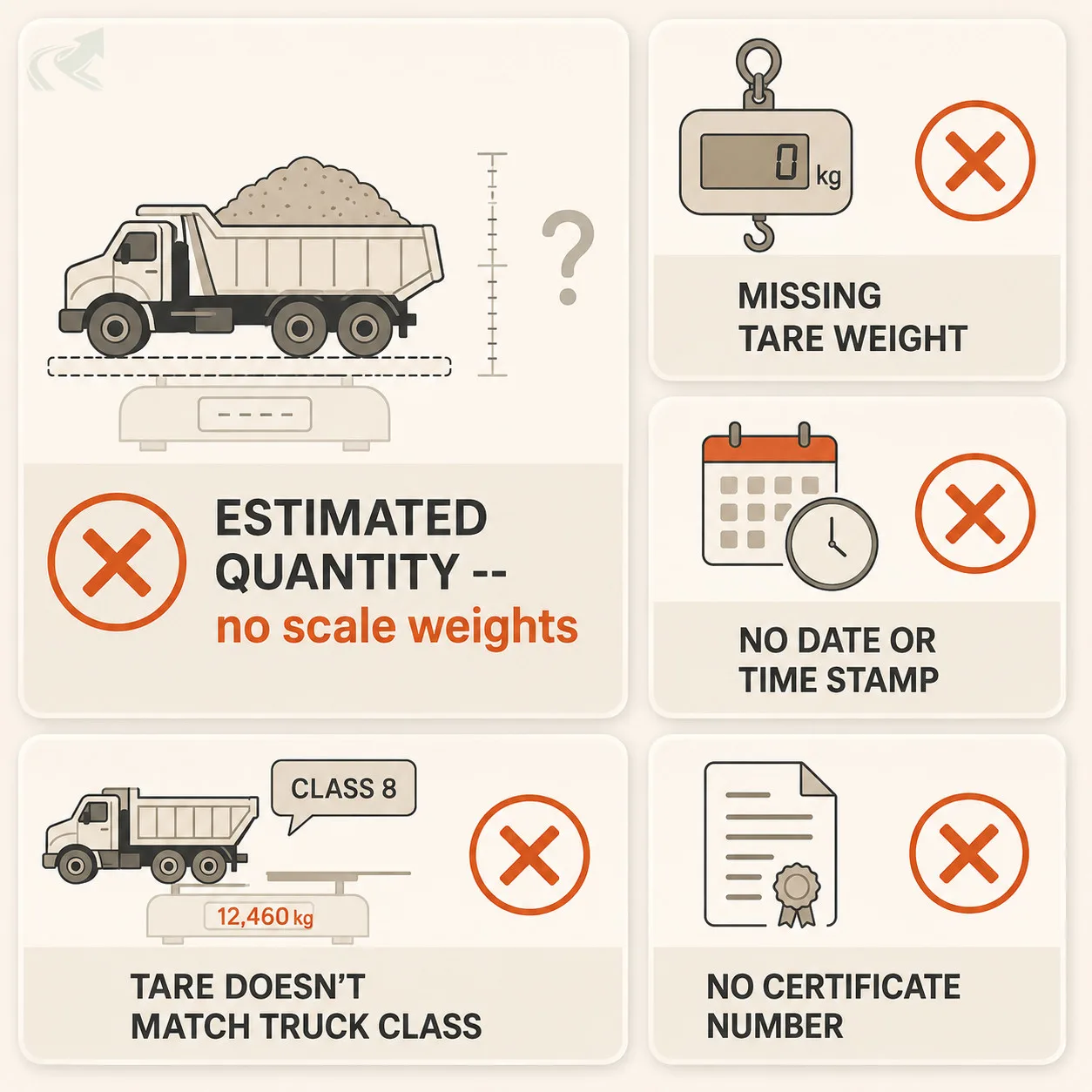 Bento-grid infographic showing five red flags on a gravel delivery ticket: estimated quantity, missing tare, no date stamp, mismatched truck class, and no certificate number.