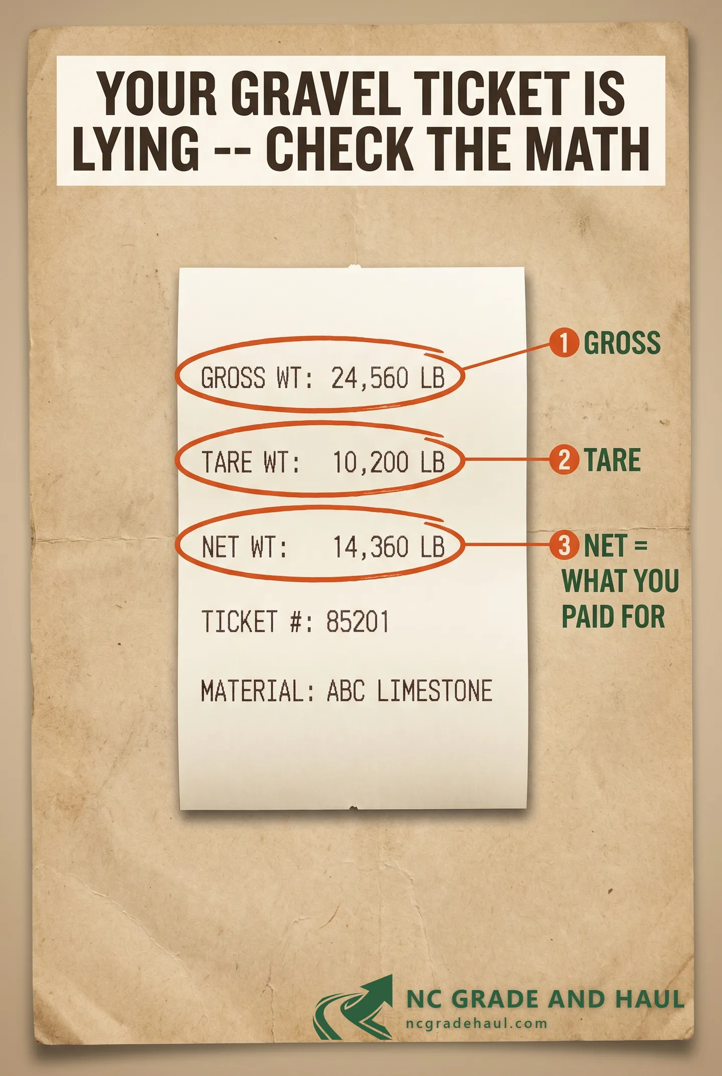 Reference chart of the three fields -- Gross, Tare, Net -- on a legitimate NC gravel delivery ticket, and the red flags that mean the load wasn't verified on a certified scale.