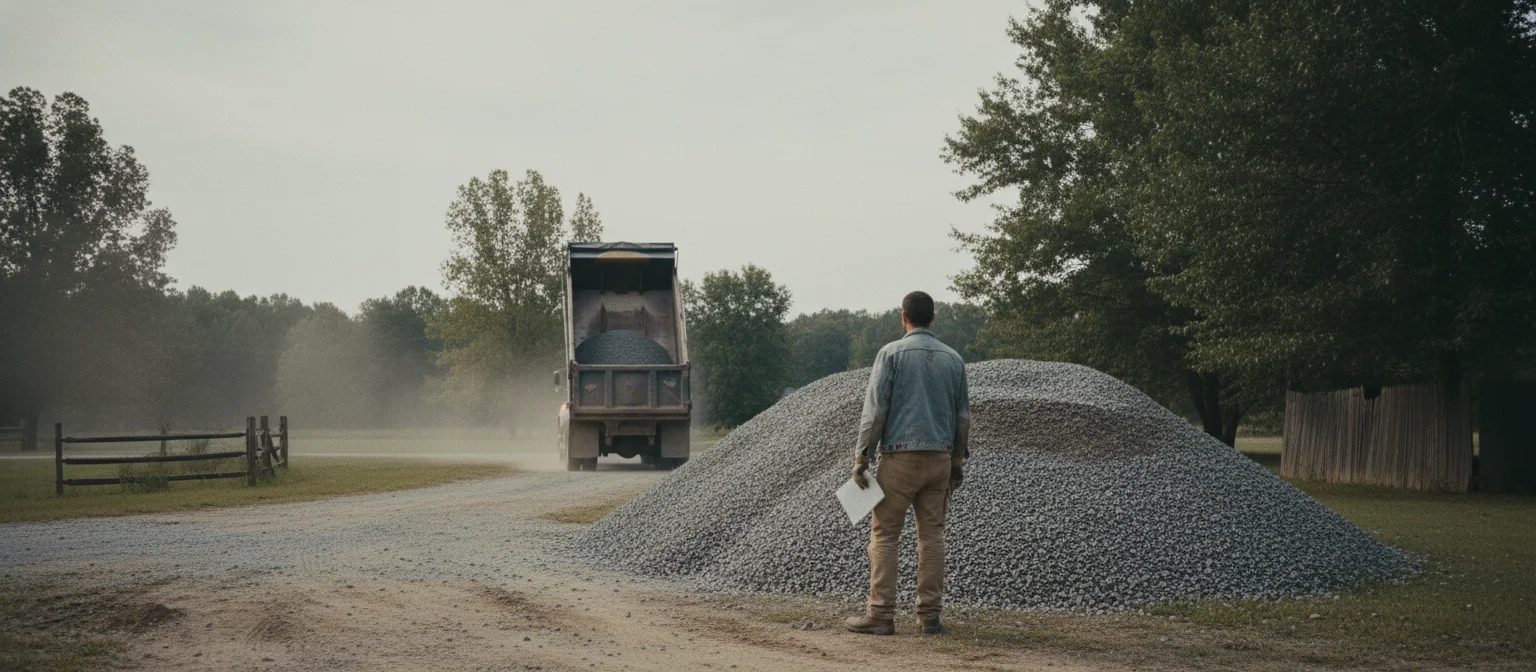 NC delivery ticket scale weights on gravel haul slip checked beside stone pile.