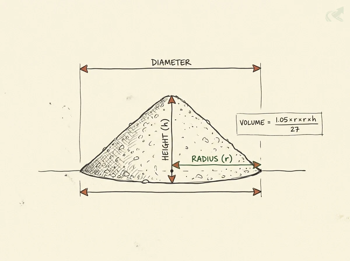 Schematic of a cone-shaped gravel pile showing the three measurements needed to estimate volume: diameter across the base, radius from center to edge, and height from ground to peak, with the volume formula 1.05 times r squared times h divided by 27.