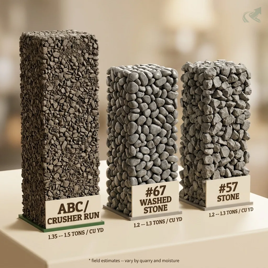 3D data sculpture comparing tons per cubic yard for three NC gravel materials: ABC/Crusher Run at 1.35 to 1.5 tons per cubic yard (tallest column), #67 Washed Stone at 1.2 to 1.3 tons per cubic yard (medium), and #57 Stone at 1.2 to 1.3 tons per cubic yard -- each rendered as a physical column of the actual aggregate material.