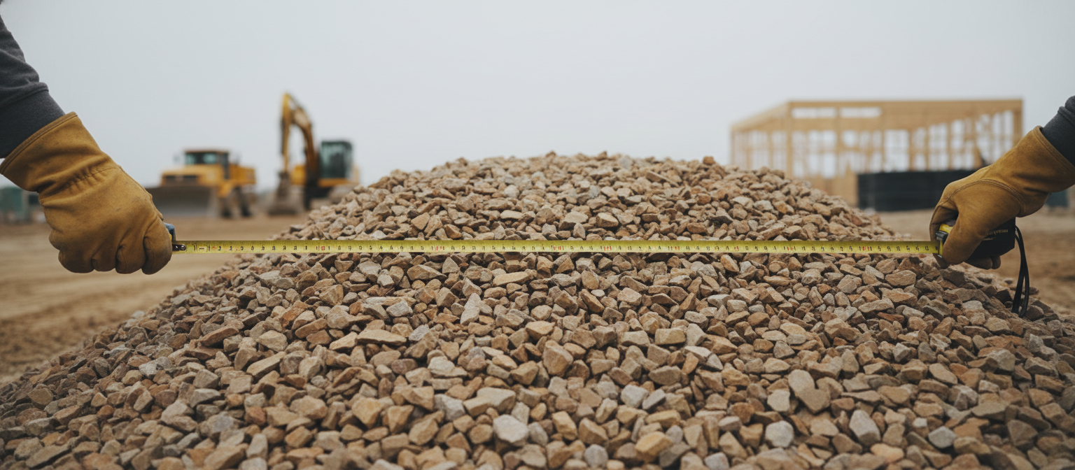 NC gravel delivery verification tape measure across freshly dumped stone pile.