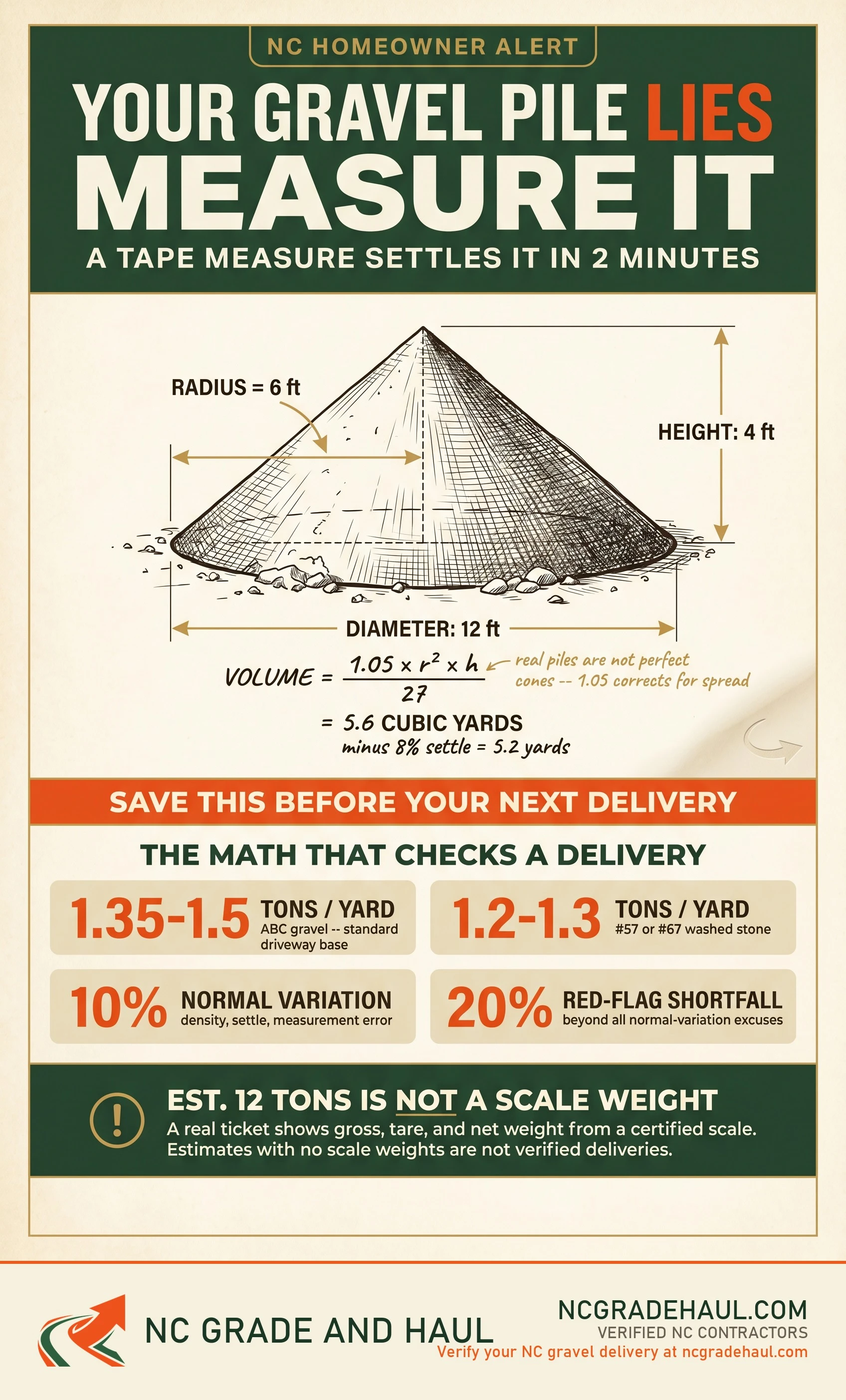 Infographic -- Your gravel pile lies, measure it: cone-volume formula (radius 6 ft, height 4 ft, diameter 12 ft = 5.6 cubic yards), tons-per-yard conversions (ABC 1.35-1.5, washed stone 1.2-1.3), 10 percent normal variation vs 20 percent red-flag shortfall, and why an estimated 12 tons is not a scale weight.