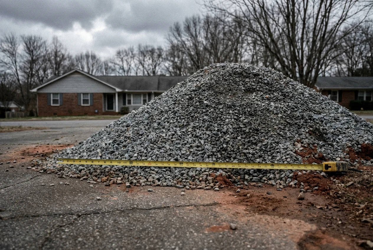 A fresh cone-shaped pile of grey gravel on an NC residential driveway with a steel tape measure stretched across the base of the pile to show its width, Piedmont red clay visible at the pile edges.
