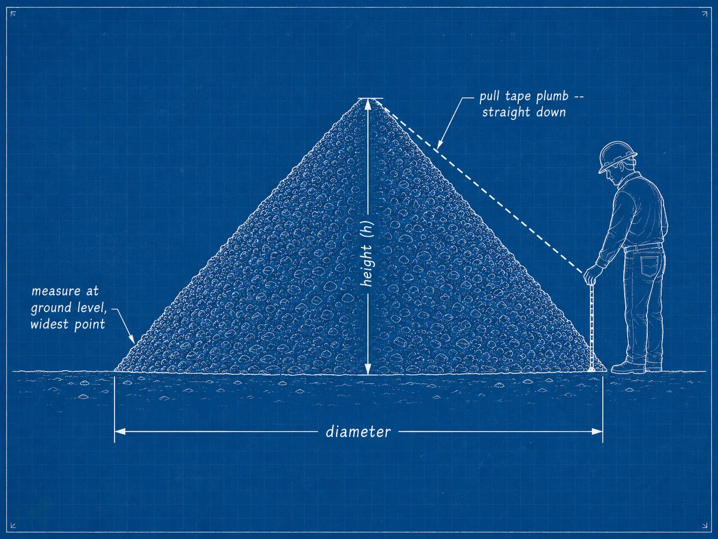 Blueprint diagram showing how to measure a gravel cone pile: horizontal diameter line at ground level and vertical plumb height line from peak to ground.