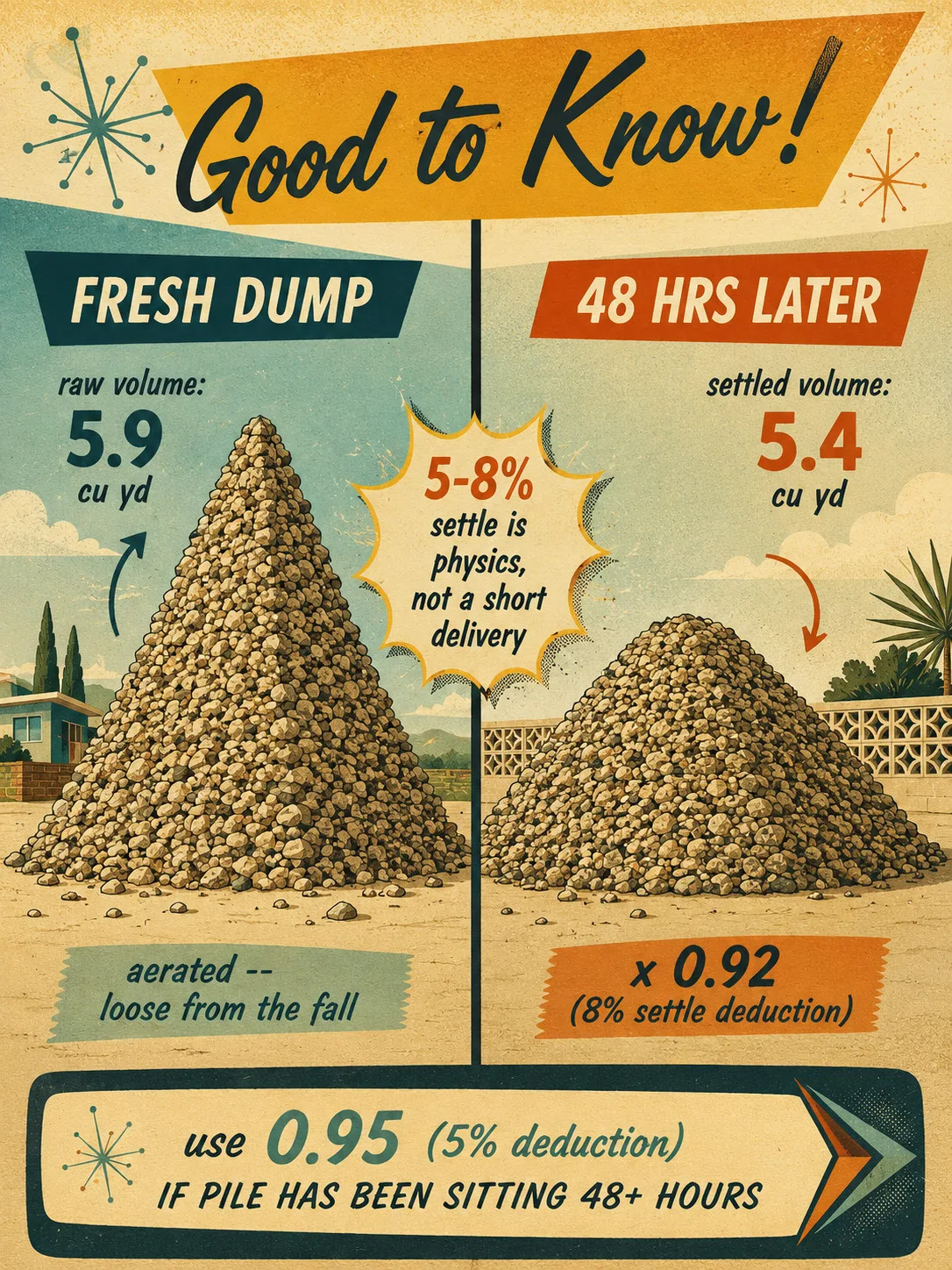 Mid-century style before-and-after comparison of a fresh gravel pile (5.9 cu yd raw) versus a settled pile (5.4 cu yd after 8% deduction), showing that settle is physics not a short delivery.